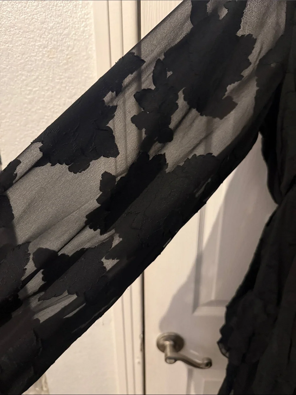 Boohoo Black Sheer V‑Neck Long‑Sleeve Ruffle Dress